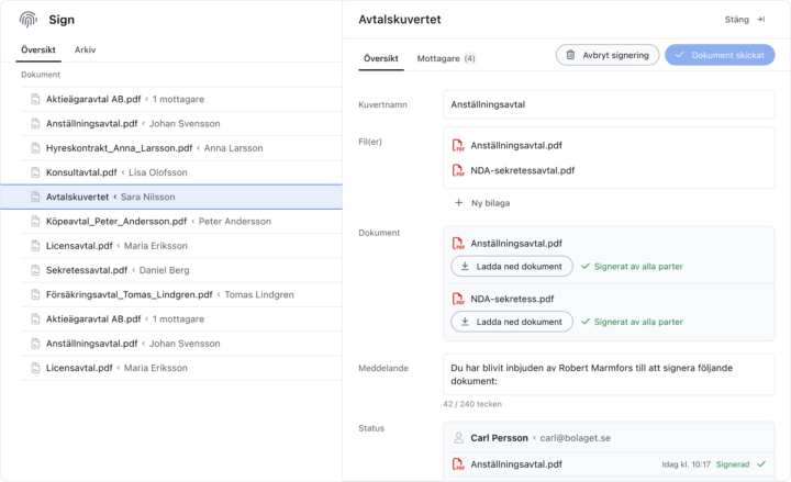 Dokument och avtalskuvert i Krebit Sign
