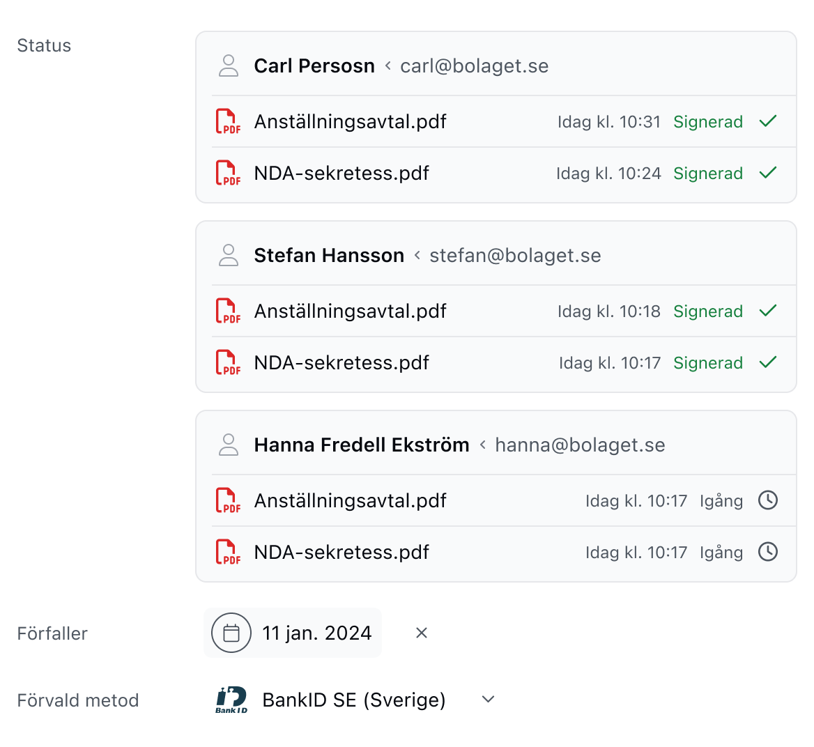 Händelsehistorik för ett dokument i Krebit Sign