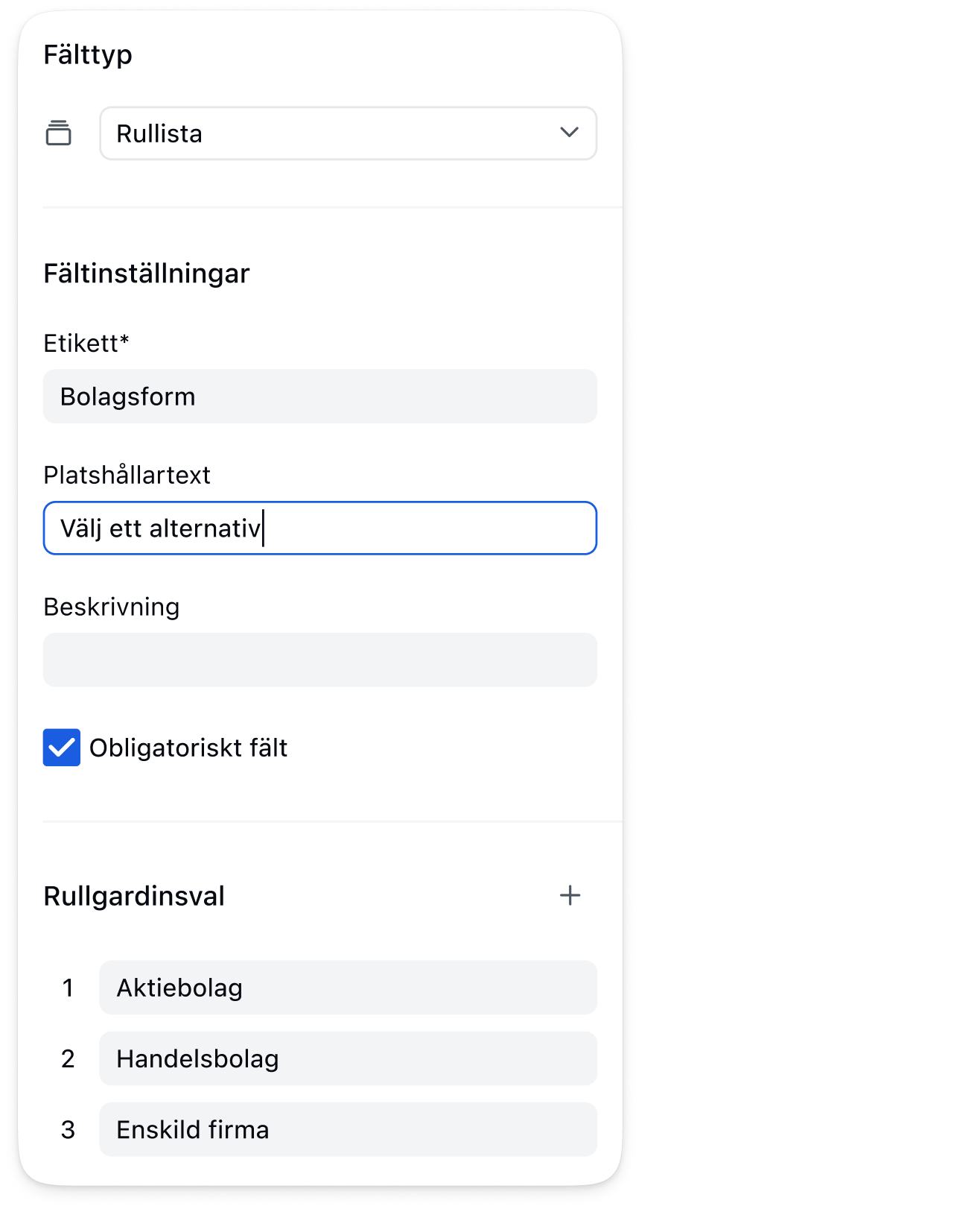 Fältinställningar för formulär